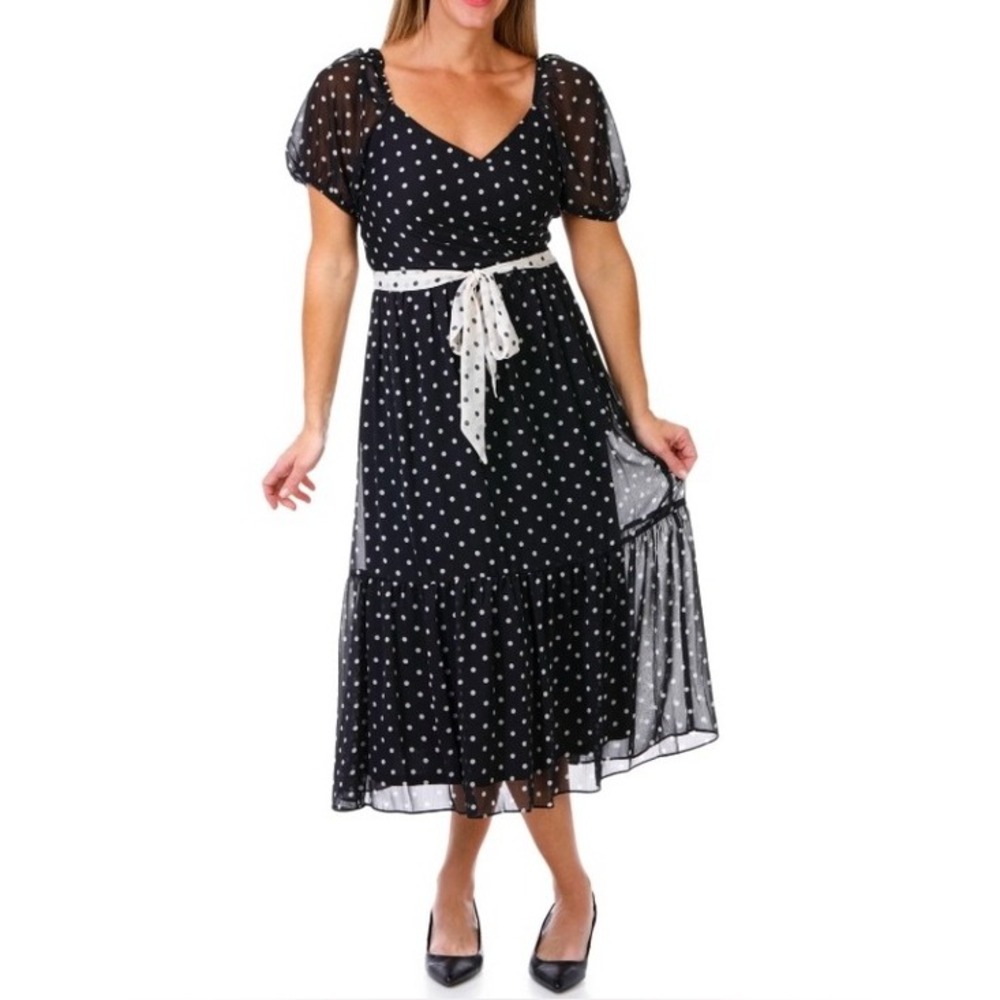 Julia Jordan Polka Dot Midi Dress Black White Puff Sleeve Wrap Neck JJ40964